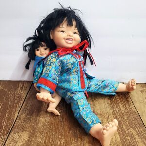 Vintage 1996 China Dolls Co 14" Chinese Ruby Doll & 10" Baby Asian Oriental Set